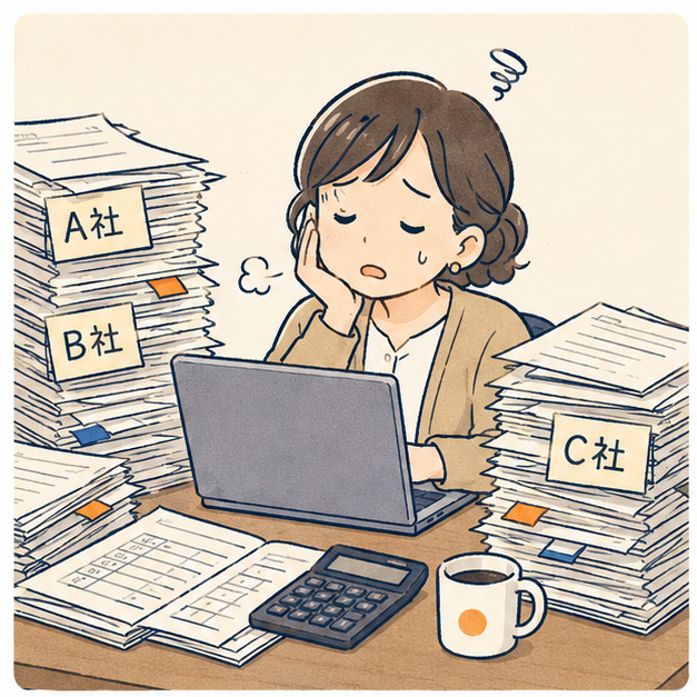 現場ごとに様式の違う勤務表の山を前に、月末の集計に疲れるバックオフィス担当