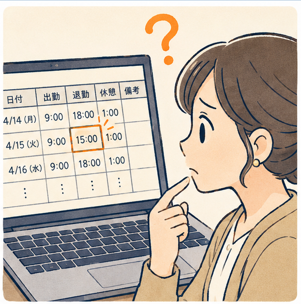 勤務表の中で退勤15:00の日を見つけて首をかしげる